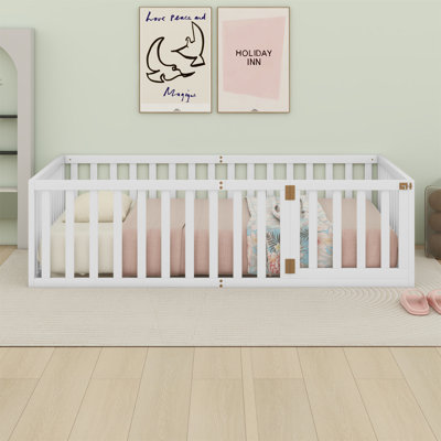 Cadre de lit grand lit en bois avec clôture et porte, blanc (ANCIEN SKU: WF289663AAK)