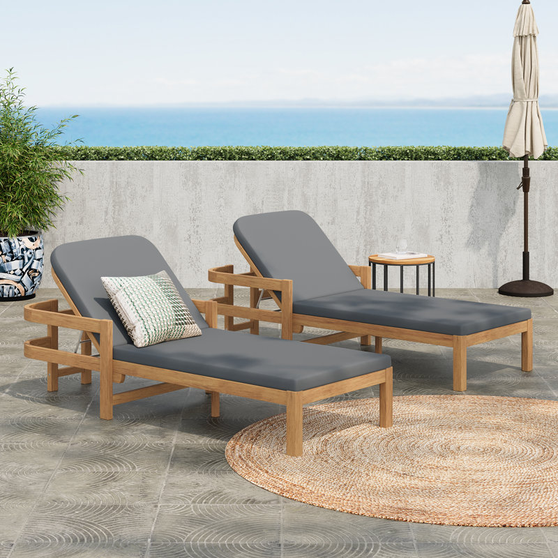 Cade Patio Acacia Wood Chaise Lounge With Adjustable Backrest, Dark Gray, 2