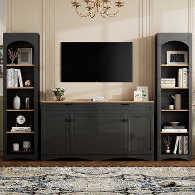 3-Piece Farmhouse Entertainment Center With Storage Cabinet For Tvs Up To 70", Mid-Century TV Stand With Bookshelf, Rustic Versatile Sideboard With Adjustable Shelves For Living Room, Black