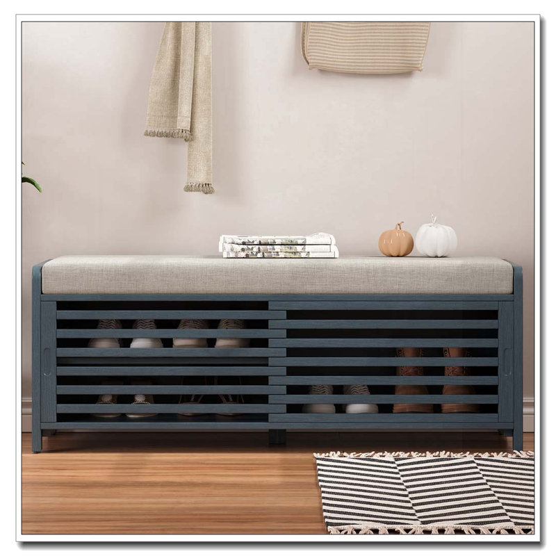 Distressed Shutter Storage Bench with Cushion and Sliding Door, Navy Blue