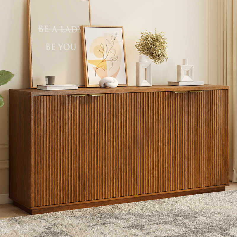 COCO DESIGN 63” Sideboard Fluted Buffet Cabinet With 4 Doors, Brown, Brown