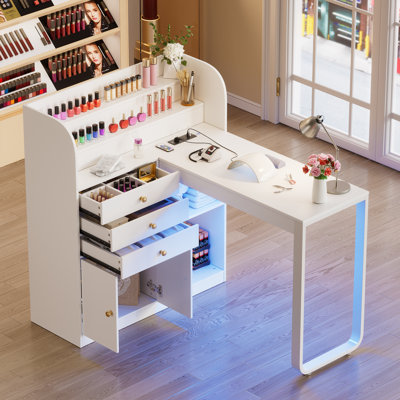 L-shaped Manicure Table With Shelves, Nail Table Desk W/storage Drawers & Cabinet, Led Lights
