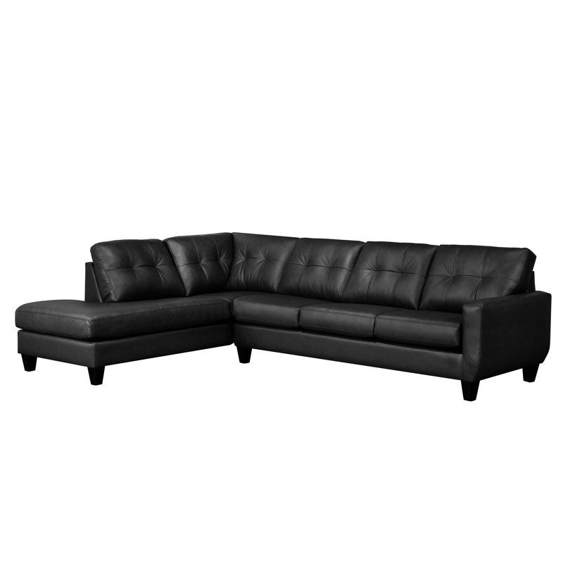 Aarah Upholstered L-Shaped Sectional, Black Genuine Leather, Left Hand Facing