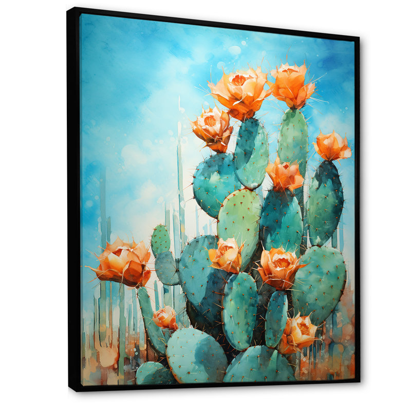 Cactus bleu et bronze brossé I - impressions sur toile de cactus, H 32 po x l 24 po x P 1 po, Cadre flottant noir