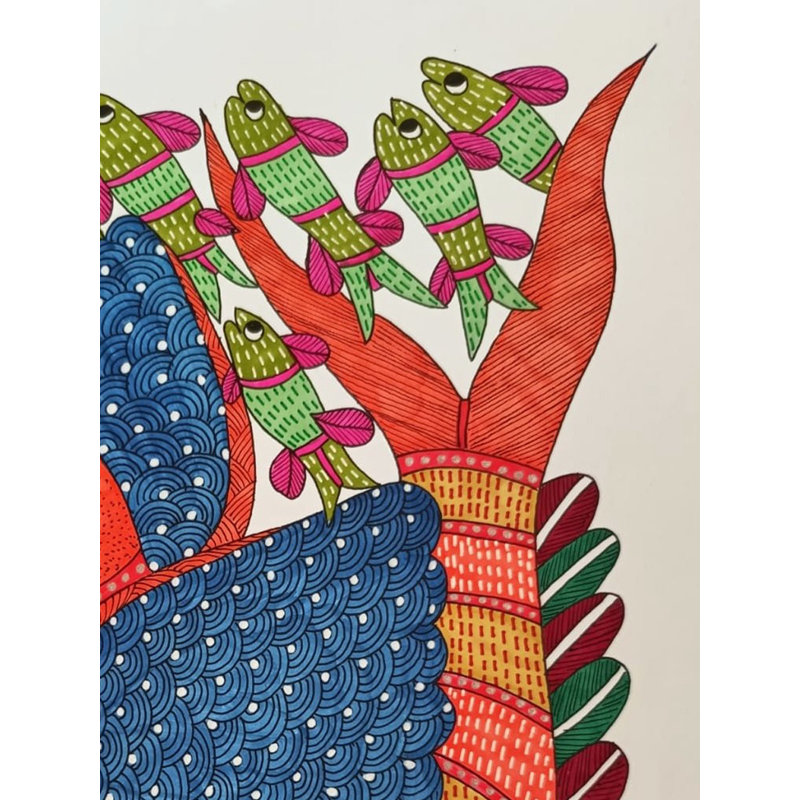 «Group of Fishes Gond», marqueurs alcooliques et fineliners, peinture sur papier par Ruchi - art mural tribal indien aquatique