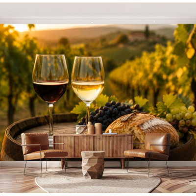 Wall Mural Peel and Stick Wallpaper Two glasses white red wine an old barrel outside vineyard Self-Adhesive Removable Contact Paper Wall Decor for Living Room Bedroom 69"H x 96"W