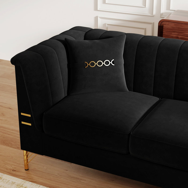 Canapé 3 places de style Chesterfield avec 2 coussins pour le salon, Noir