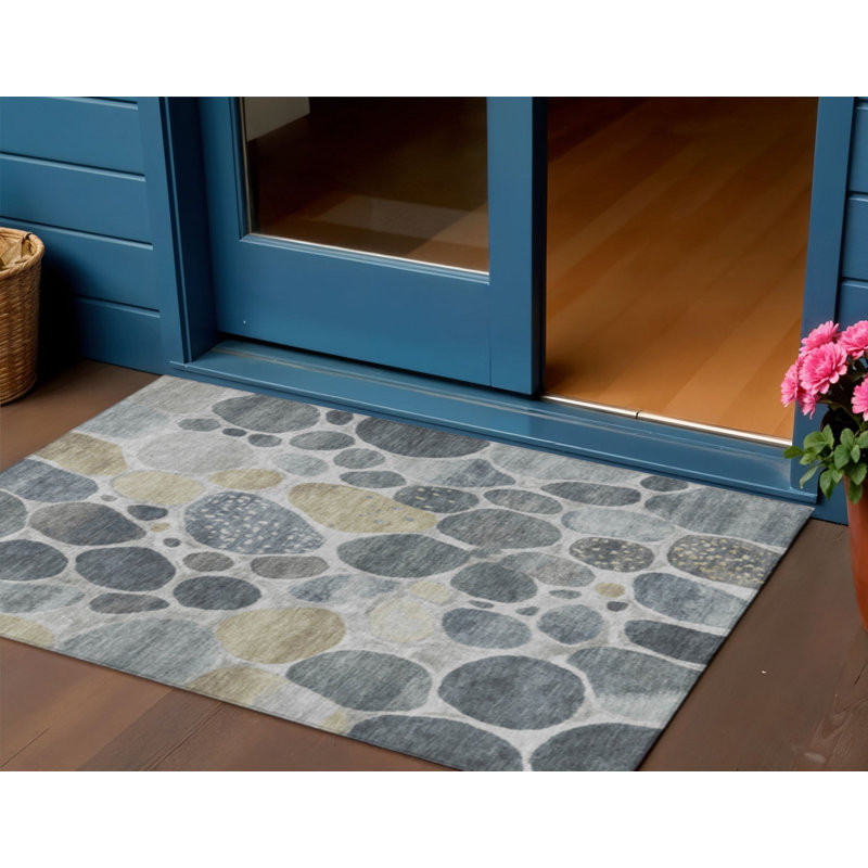 3' X 5' Pewter Beige And Ivory Geometric Washable Indoor Outdoor Area Rug