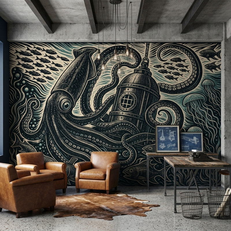 Papier peint sous-marin, pieuvre, casque de plongée, fresque murale, 140"x108", Non-Woven Nonpasted
