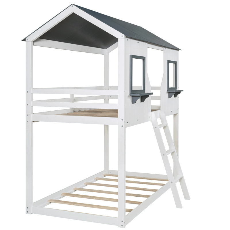 Lit simple superposé au dessus d'un lit blanc avec bois massif fonctionnel (blanc)
