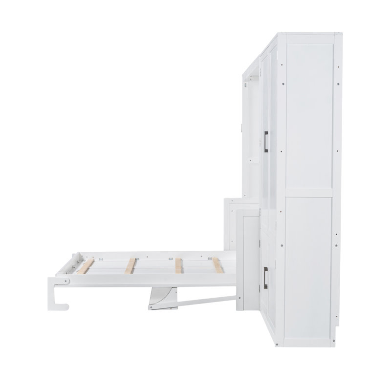 Grand lit escamotable mural avec placard intégré, lit plateforme pliable peu encombrant pour le rangement dans la chambre à coucher, blanc