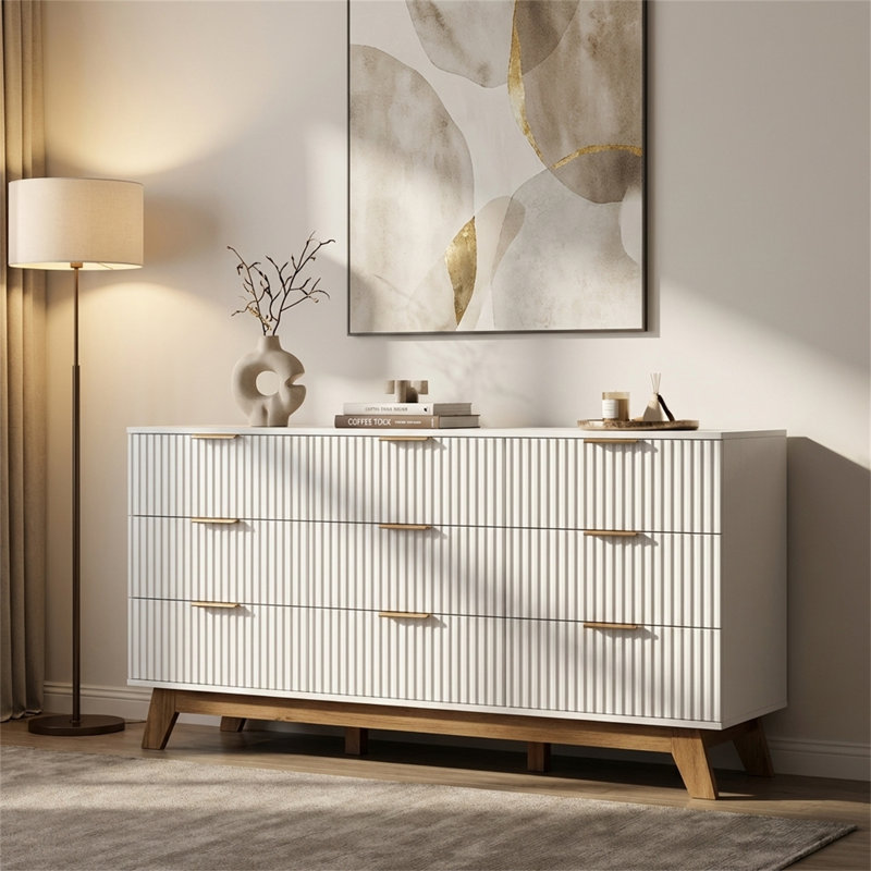 Mid-Century Modern 9-Drawer Fluted Dresser, White