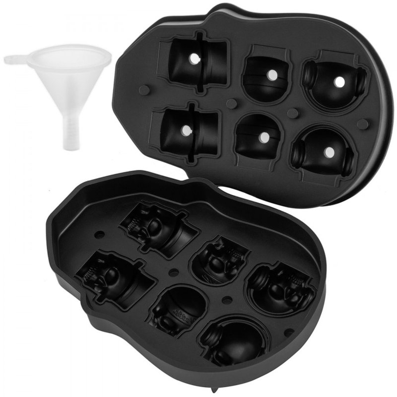 Plateau à glaçons Skull, machine à boules de glace à 6 grilles, plateau en silicone noir flexible avec couvercle et entonnoir, cubes de glace en 3 motifs distincts pour les boissons et les chocolat lors des fêtes et des fêtes