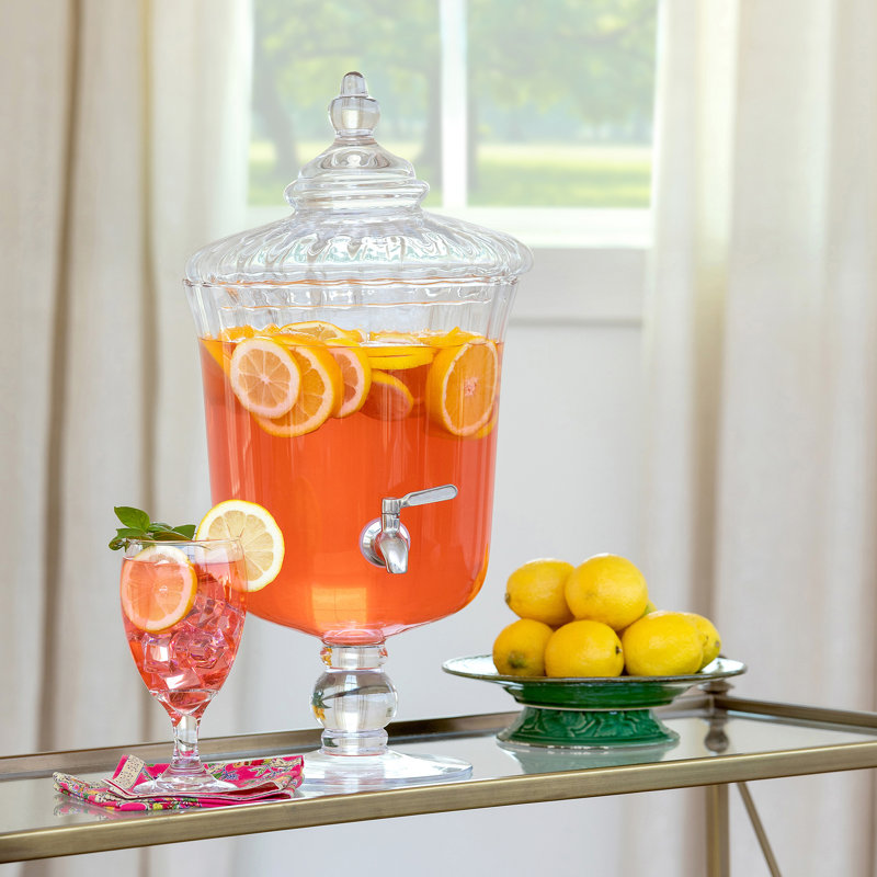 Clear Glass Pedestal Beverage Dispenser with Finial Lid