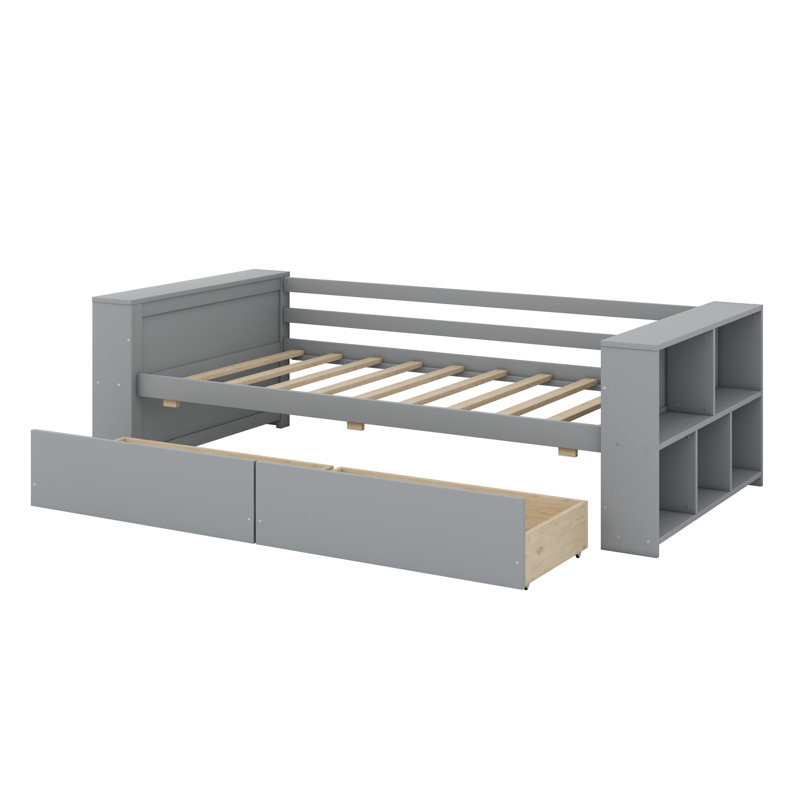 Lit de jour avec tablettes et tiroirs, Gris