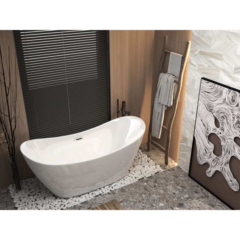 67 - Inch Freestanding Gloss White Acrylic Bathtub, Oval Design, Center Drain, Polished Finish, Comfortable Ergonomic Easy To Up With Simple Equipment Soaking Tub, Shape, Overflow And Pop Up Spacious