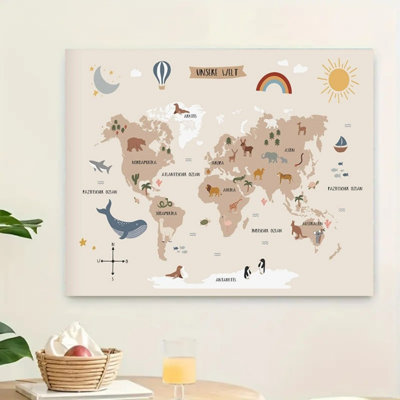 Kids Animal World Map Canvas Art Ready To Hang - Kids Room