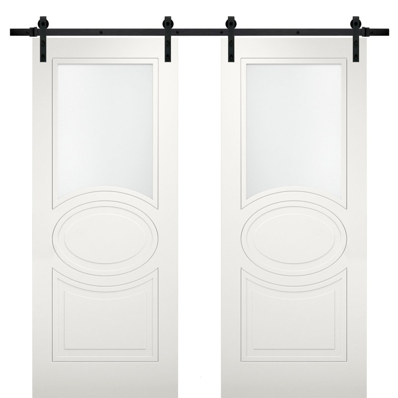 Portes de grange en verre givré blanc Mela avec trousse de quincaillerie d'installation, 56 po x 80 po, Noir