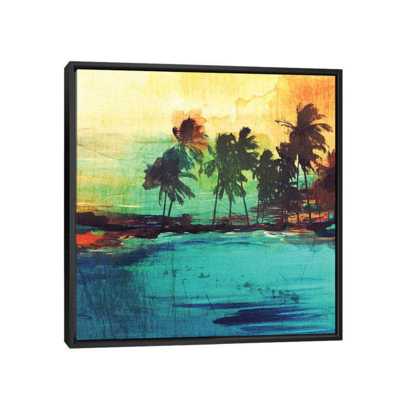 « palm island vi », impression sur toile tendue, H 26 po x l 26 po x P 1,5 po, Toile avec cadre noir, Pas de tapis