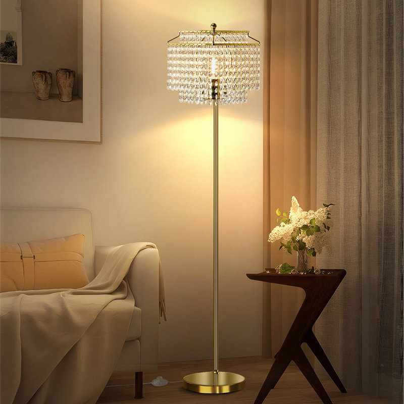 Lampe sur pied en cristal Heidebert, lampe sur pied élégante avec interrupteur au pied marche / arrêt, abat-jour double couche
