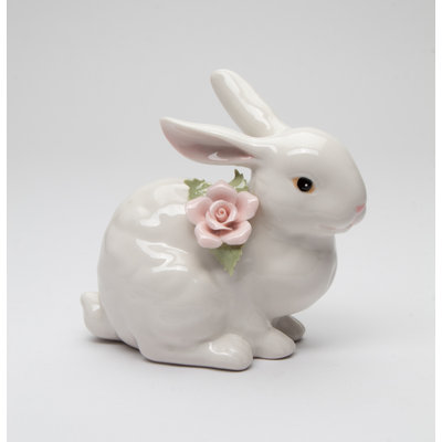 Rabbit With Pink Rose Figurine - Crouching