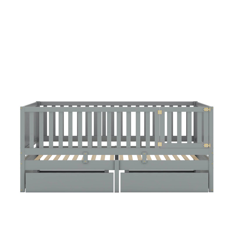 Wood Daybed With Fence Guardrails And Drawers, Gray, Twin