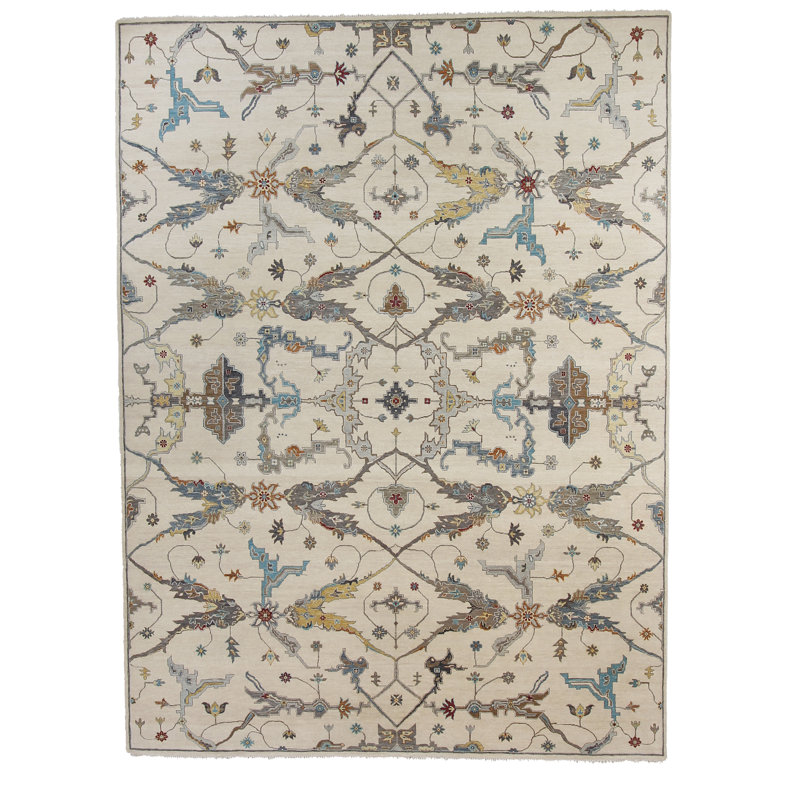 One-of-a-Kind Rectangle 9' X 12' Wool Area Rug Ivory/Yellow/Blue