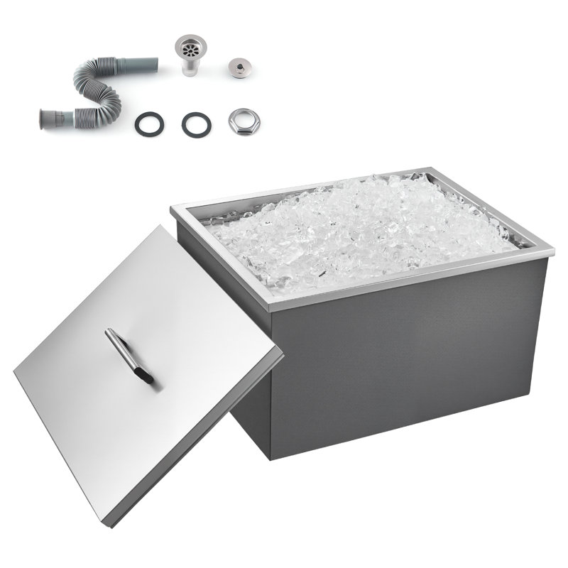 Drop in Ice Chest, 22"L x 17" x 12"H (558 x 430 x 310 mm) Stainless Steel Drop in Cooler, 42.9L Commercial Ice Bin with Pot Lid for Outdoor, Drain-pipe Set Included, for Cold Wine Beer