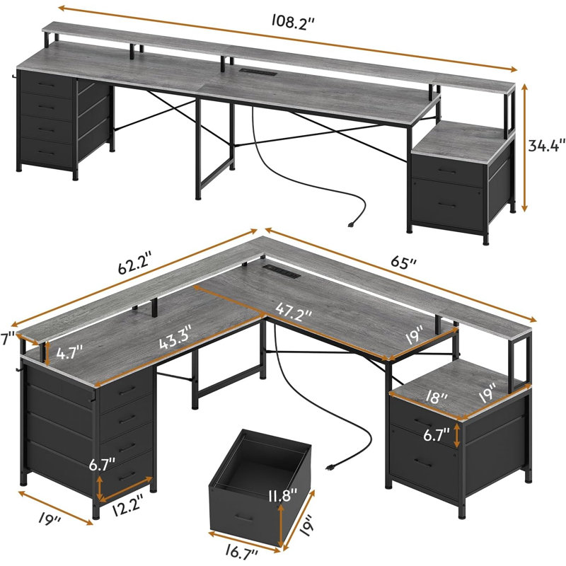 Rockville 108.2'' W L-Shaped Computer Desk with Drawers and Power Outlets, Gray/Black