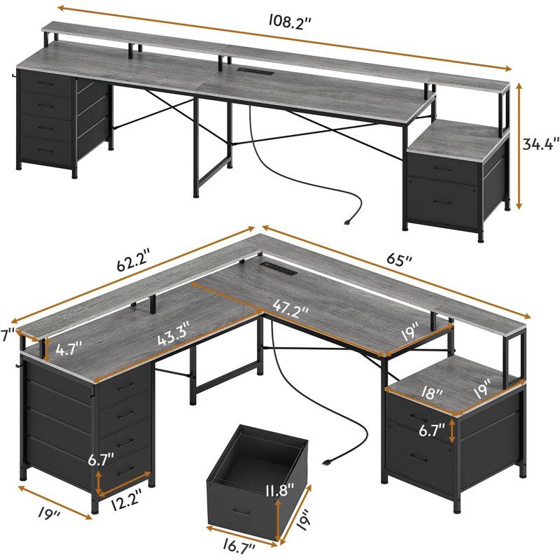 Rockville 108.2'' W L-Shaped Computer Desk with Drawers and Power Outlets, Grey/Black