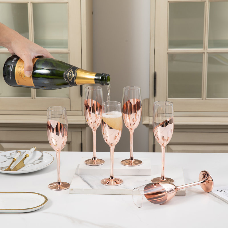 Set of 6 Rose Gold Stemmed Champagne Flute Glasses