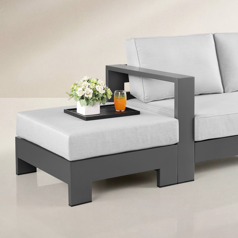 Hoyt 92.52” Outdoor Aluminum Sofa with 27.56"  Versatile Ottoman, Light Gray, Silver Gray
