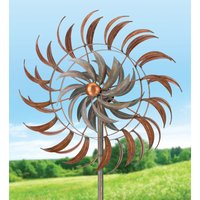 75" Metal Outdoor Garden Wind Spinner with Powder Coated Finish and Five Prong Ground Stake - Copper Petals, Copper Petals