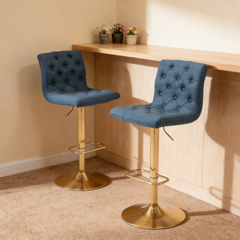 Tufted Fabric Bar Stools Set of 2, Adjustable Swivel Counter Height Barstools with Back, Upholstered Armless Airlift Bar Chairs for Kitchen Dining Cafe