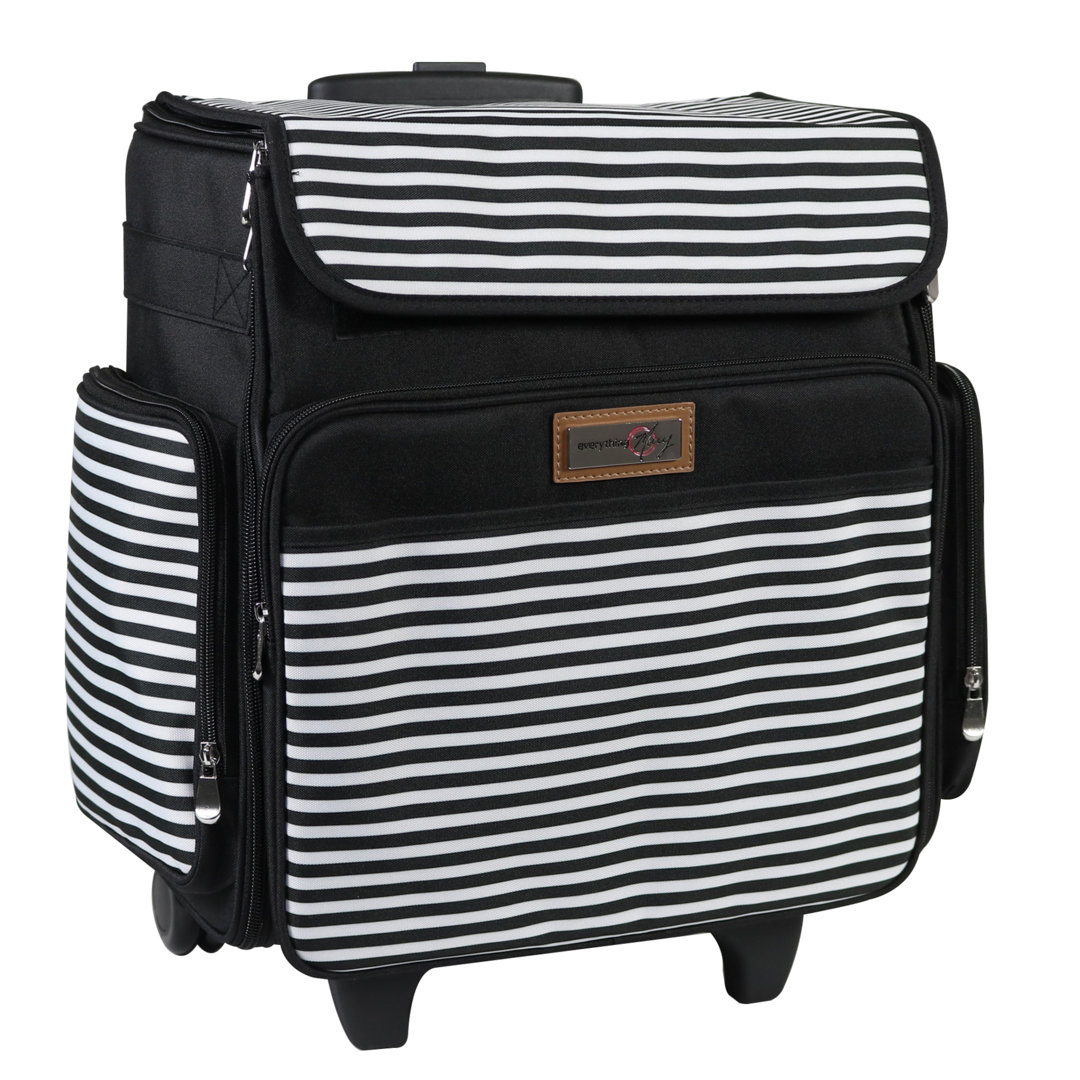 Everything Mary Collapsible Rolling Tote Bag, 2 Wheel Trolley Bag for Sewing/Crafts-Black & White Stripe