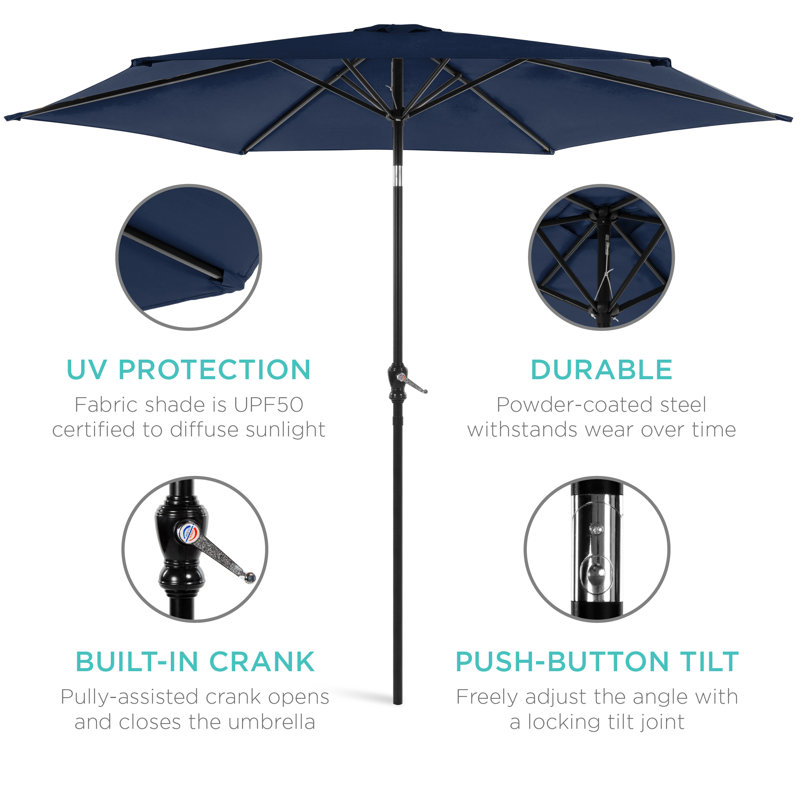 Shovon 10ft Outdoor Steel Market Patio Umbrella w/ Crank, Tilt Push Button, 6 Ribs, Navy Blue
