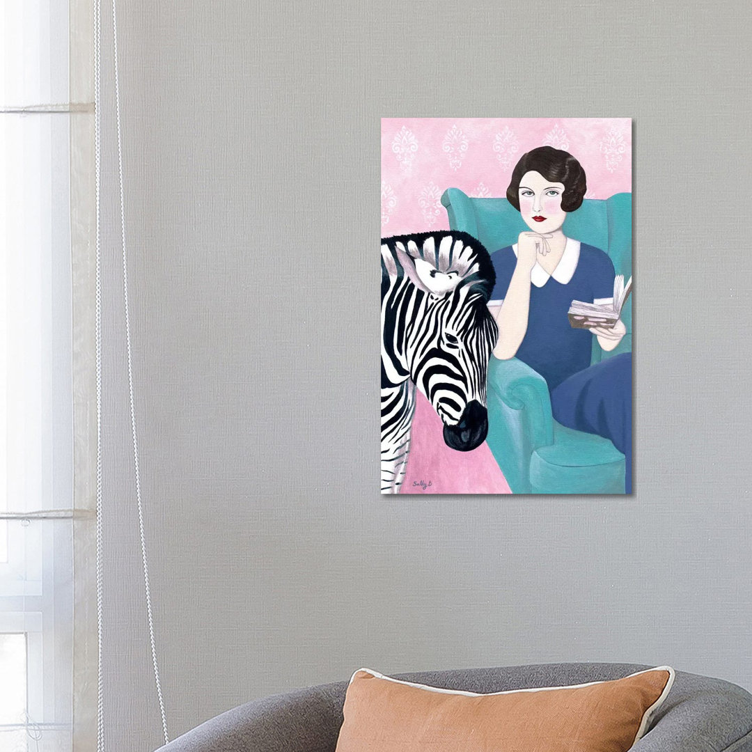 Frau und Zebra von Sally B - Galerie-verpackte Leinwand Giclée auf Leinwand