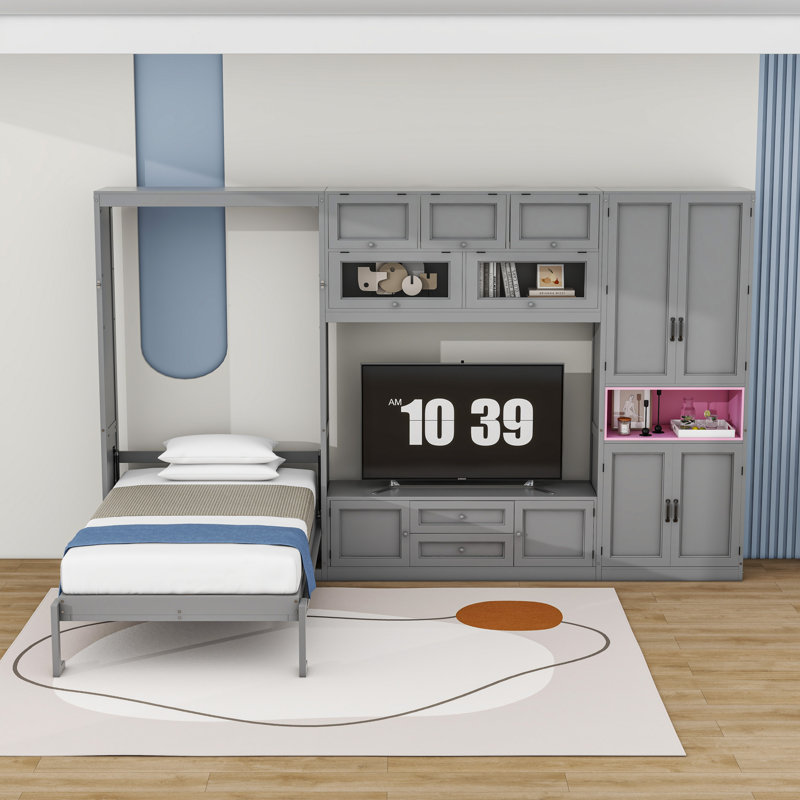 Lit escamotable simple en bois 2 tiroirs avec meuble télé, tablettes et armoire, gris