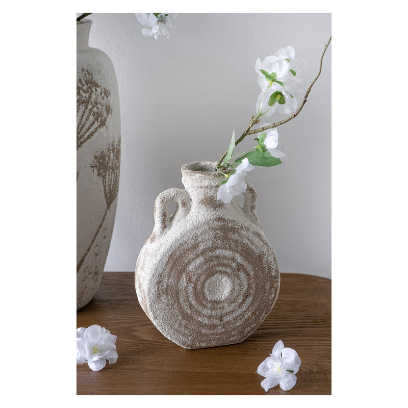 Vase rond rond en céramique au fini blanc usé et brun, H 7,7 po x l 6,1 po