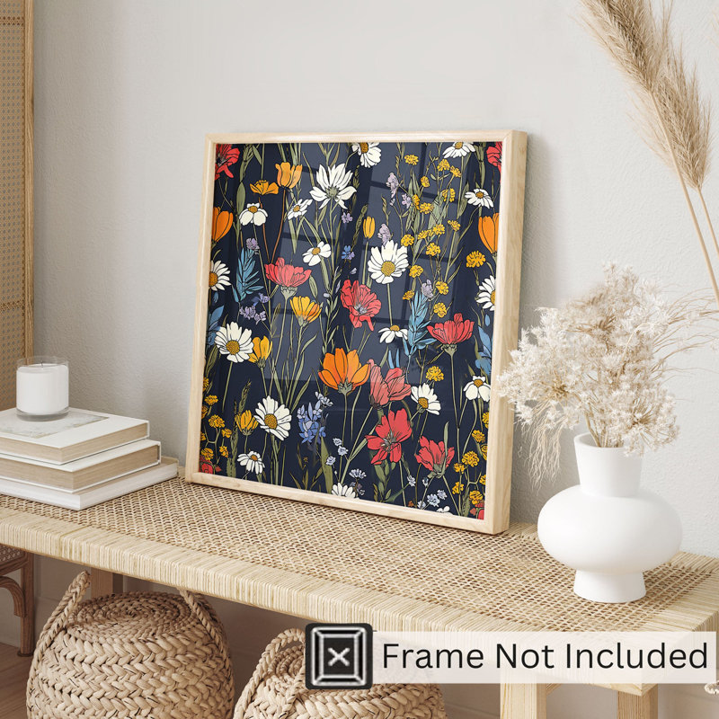 Floral rétro, fleurs sauvages rétro, reproduction d'art non encadrée, H 16 po x l 16 po