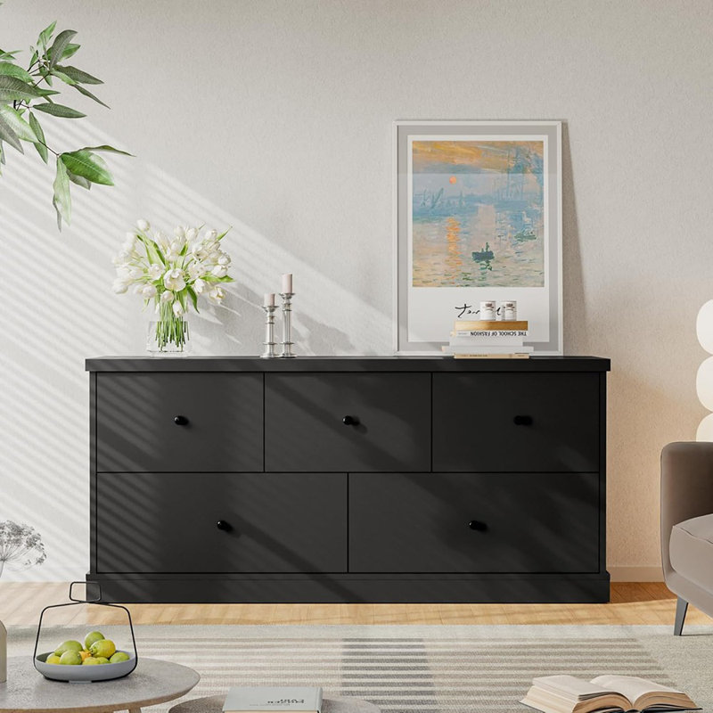 Commode pour chambre à coucher, commode large avec 5 tiroirs en bois, meuble télé, design moderne pour chambre à coucher, salon, couloir et entrée (noir)