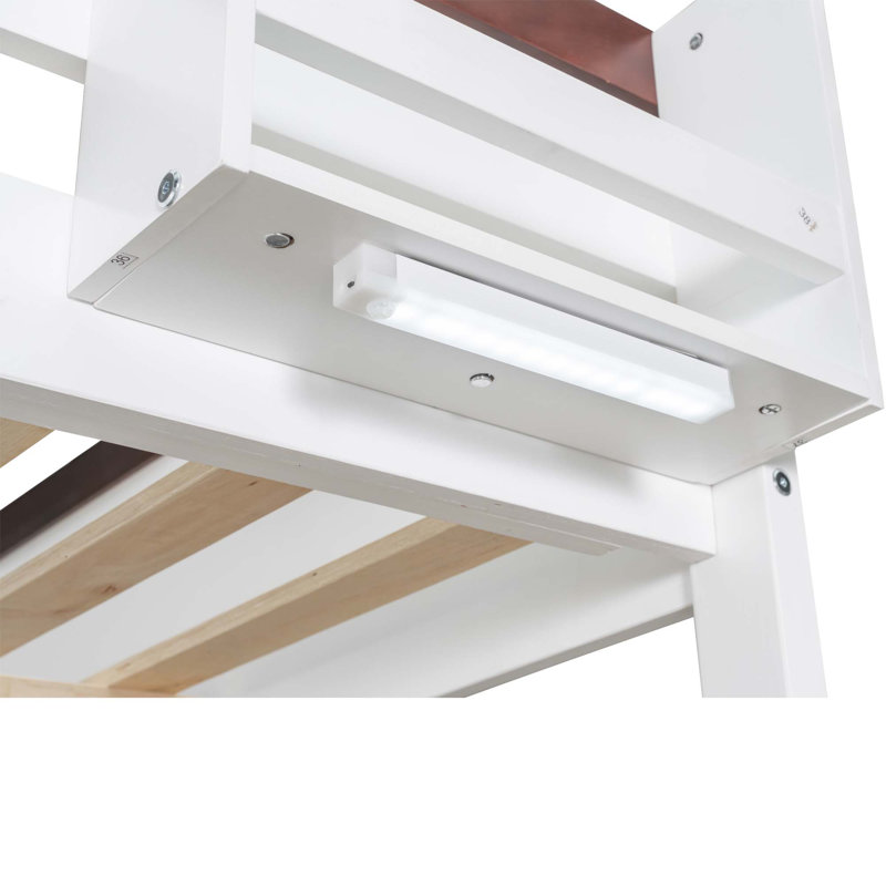 Grand lit superposé en bois avec tablettes intégrées, boîte de rangement, lumière DEL et station de charge USB, Blanc