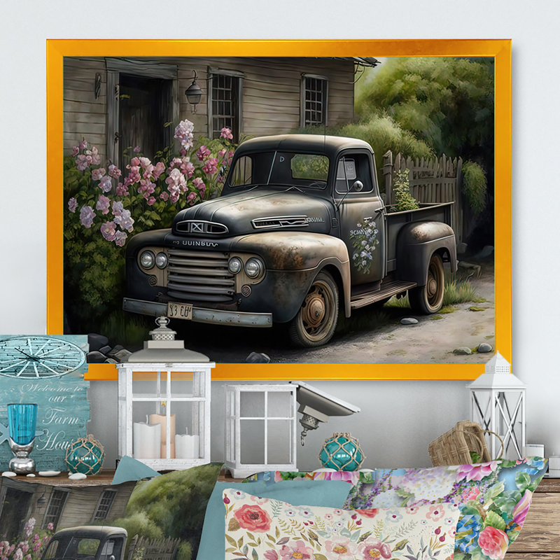 Voiture rétro à la grange - peinture sur toile, H 12 po x l 20 po x P 1 po, Impression dorée sur toile encadrée