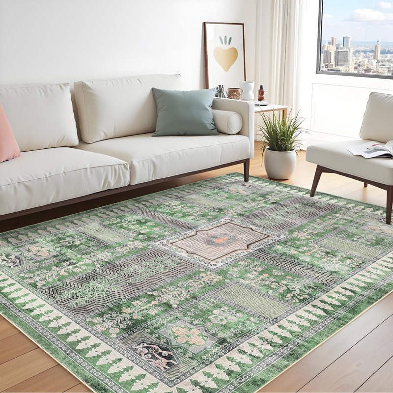 Grand tapis rétro lavable antidérapant 10 x 13 po pour salon, tapis floral pliable pour chambre d'enfant, vert, Vert