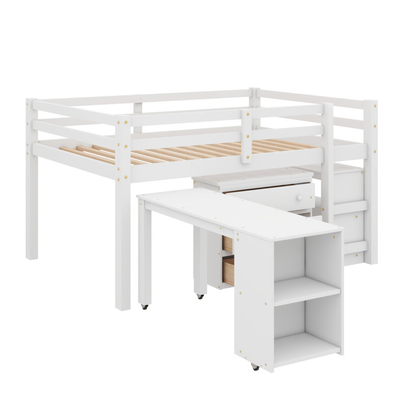 Lit mezzanine bas 3 tiroirs Anne avec commode, bureau et tablettes par Three Posts Baby & Kids, Full, Blanc