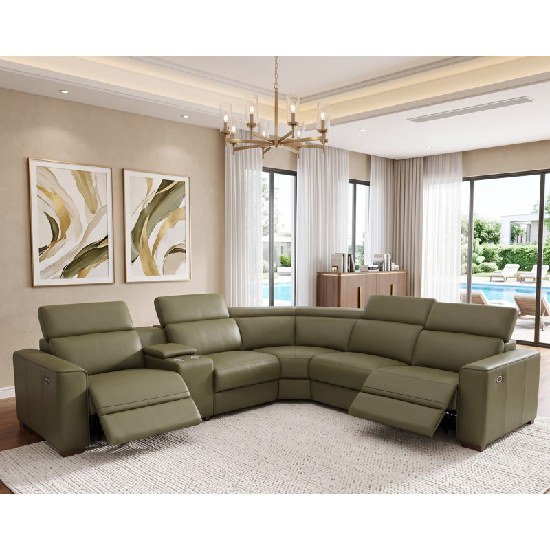 Canapé modulaire inclinable en cuir Binsbar, Cuir fleur olive