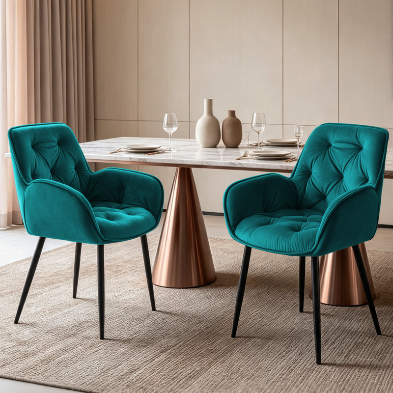 Modern Luxury Velvet Tufted Armchair with 11.5cm Thick Cushion for Dining Room, Restaurant, Reception Room, Hotel, Teal