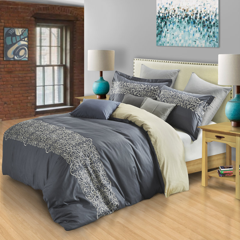 Harrison Cotton Greek Key Embroidered 3 Piece Duvet Cover Set by Superior, Full/Queen +2 Standard Shams, Slate Blue/Cream