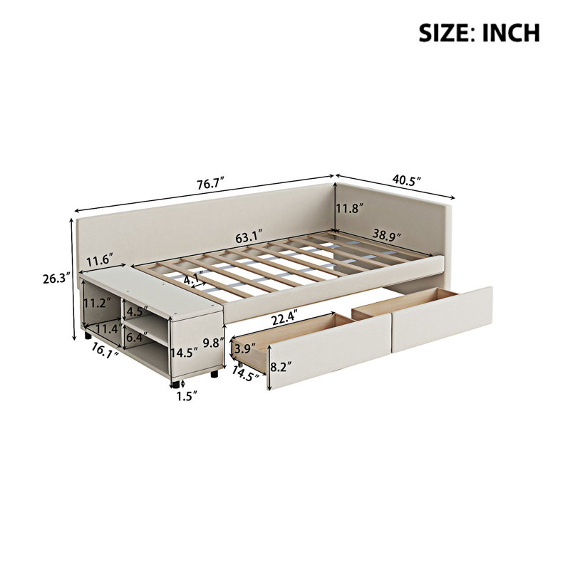 Lit plateforme simple tapissier en forme de L avec rangement, Beige