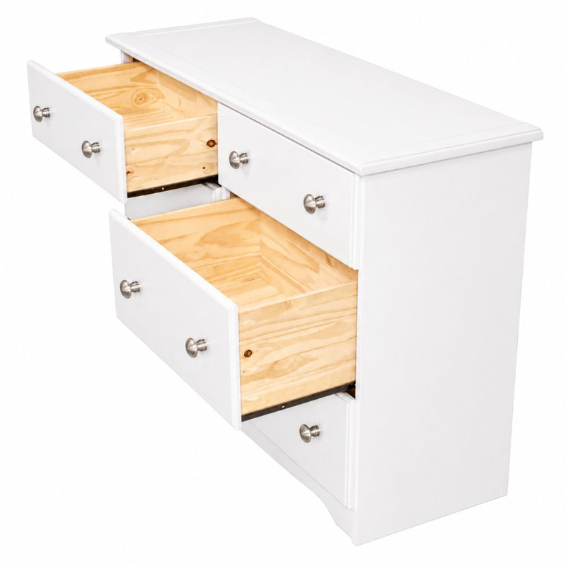Commode double 100% bois massif 6 tiroirs avec boutons en métal, Blanc